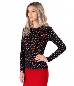 Elastic jersey blouse printed with geometric motifs