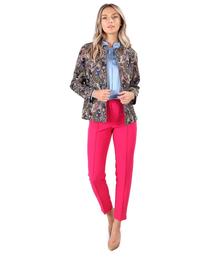 Elegant outfit with short brocade jacket and ankle pants