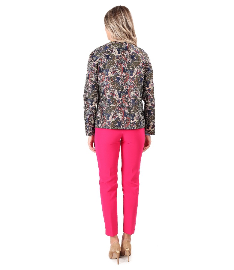 Elegant outfit with short brocade jacket and ankle pants