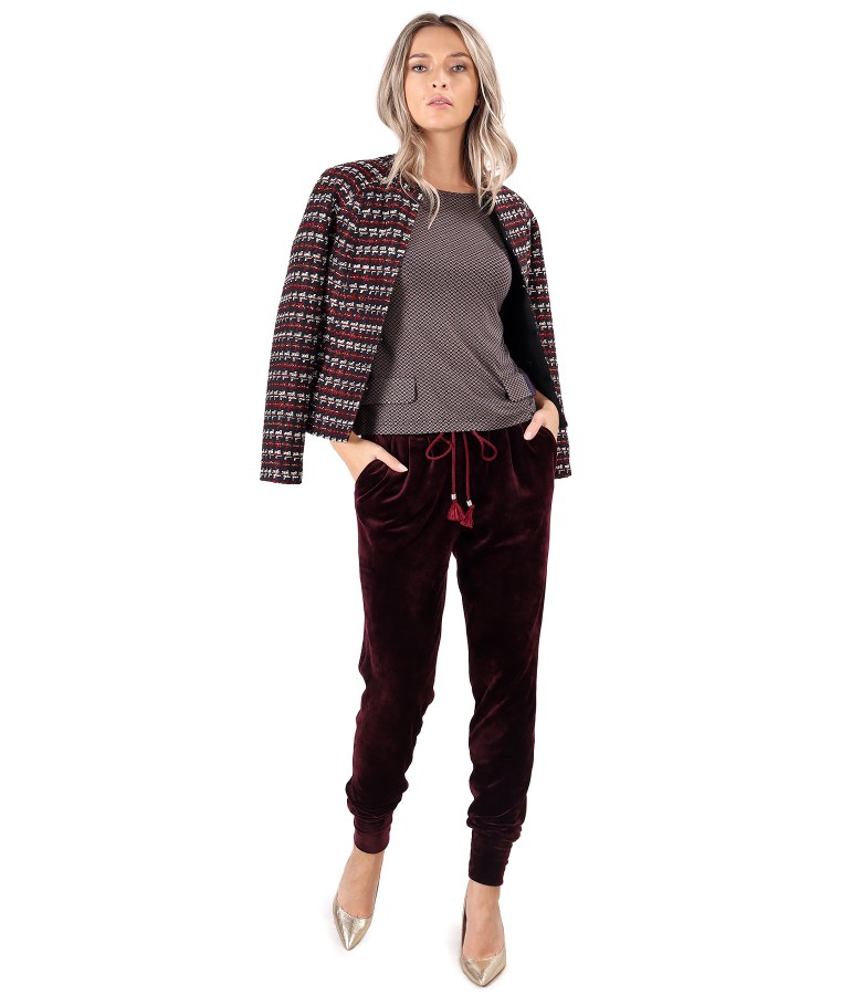 Multicolored loops jacket with elastic velvet pants