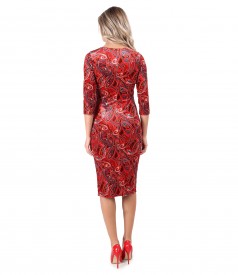 Dress made of elastic velvet printed paisley with folds on the front