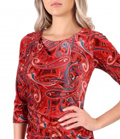 Dress made of elastic velvet printed paisley with folds on the front