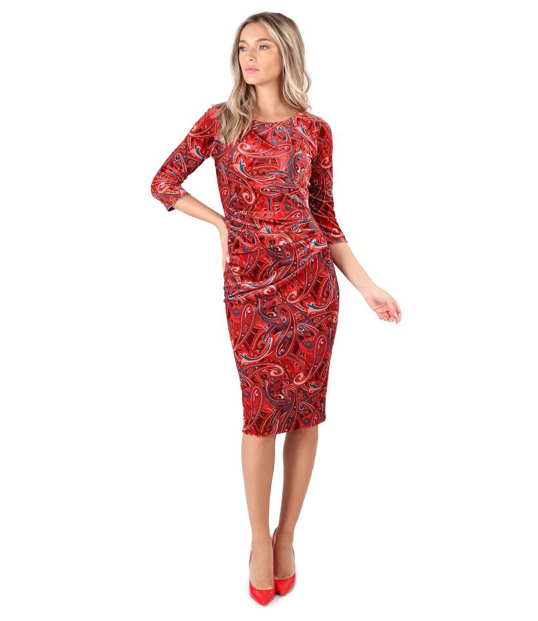 Dress made of elastic velvet printed paisley with folds on the front