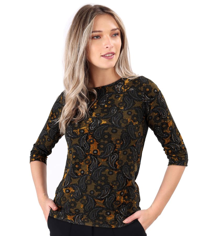 Blouse made of thick elastic jersey printed with paisley motifs