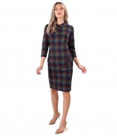 Dress made of thick elastic jersey with plaid and round collar