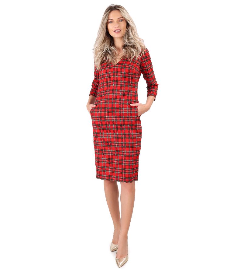 Checkered midi dress with crystals on the decolletage