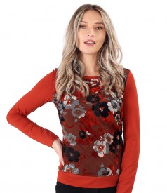 Elastic jersey blouse with brocaded velvet front