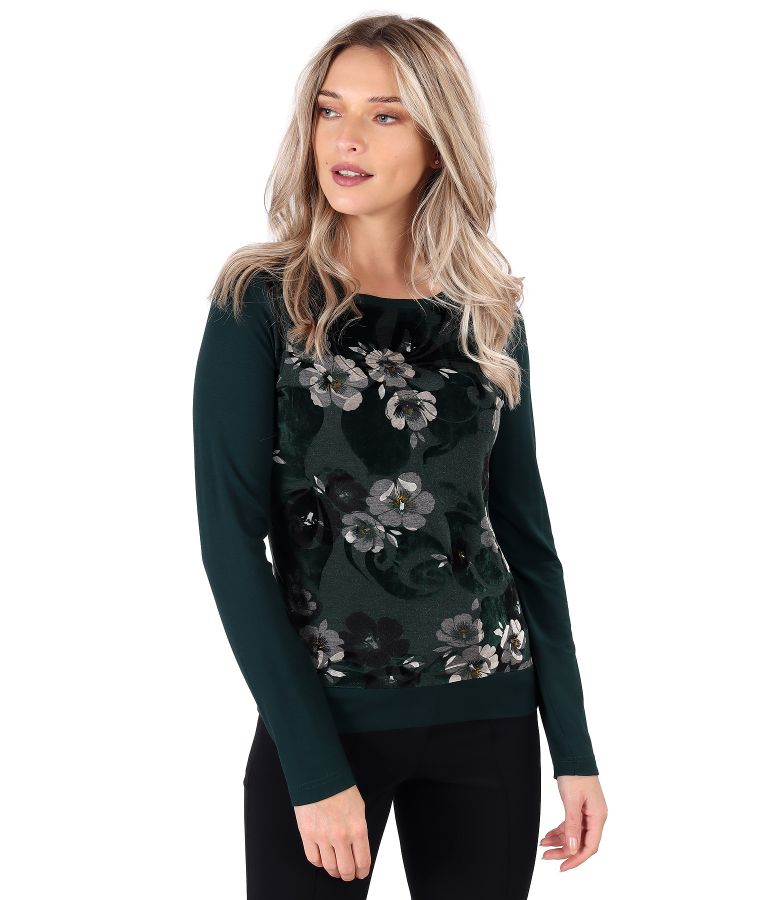 Elastic jersey blouse with brocaded velvet front