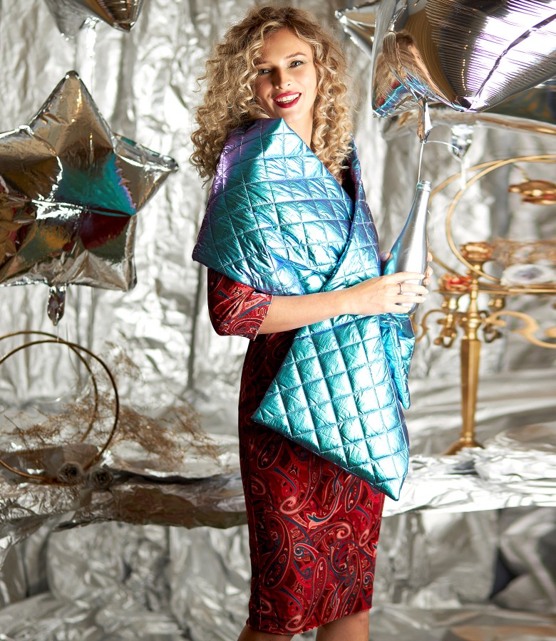 Shawl made of waterproof quilted fabric and velvet dress