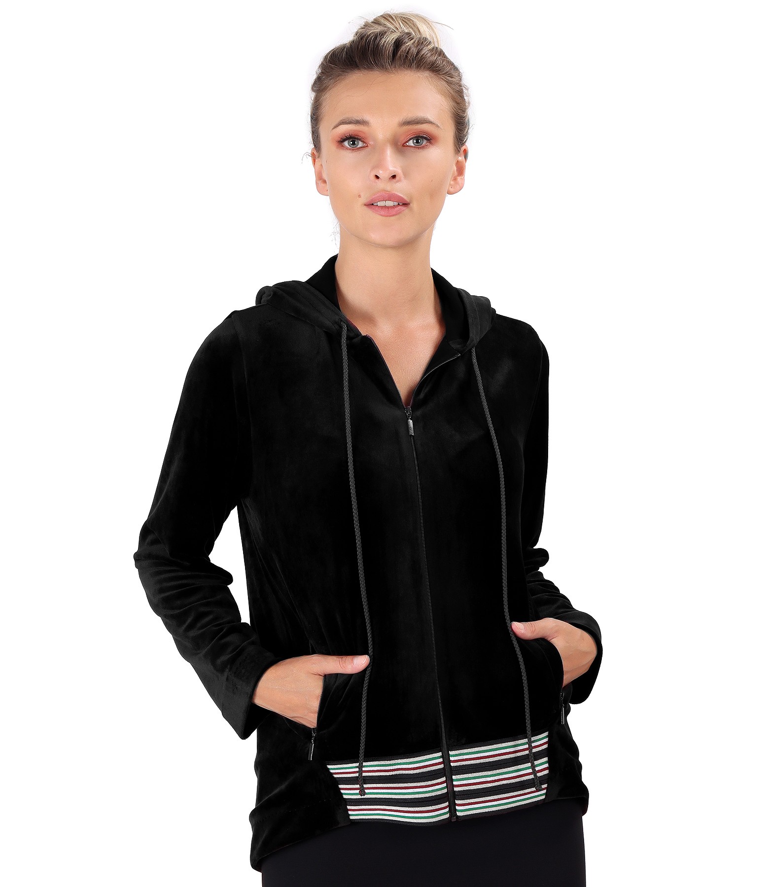 Velvet hoodie with elastic trim black - YOKKO