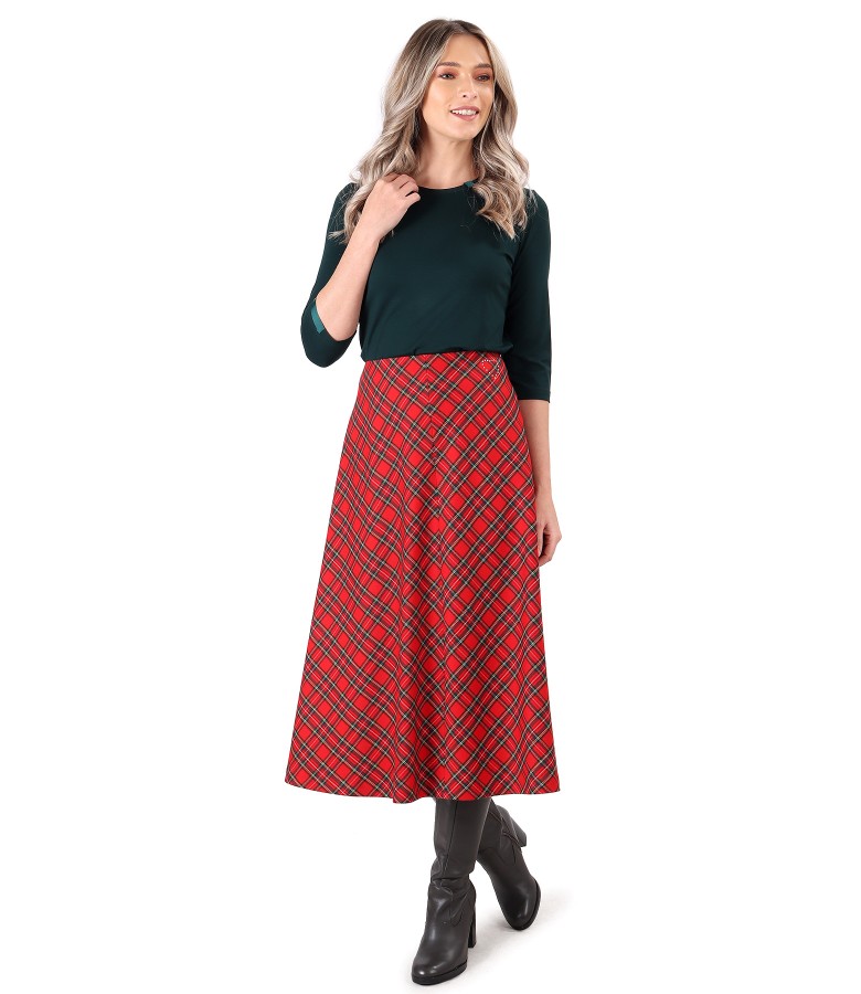 Long flared plaid skirt with elastic jersey blouse