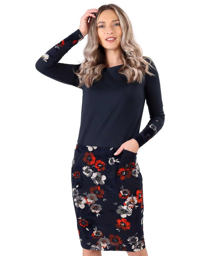Midi dress made of soft elastic jersey and brocade velvet with floral motifs