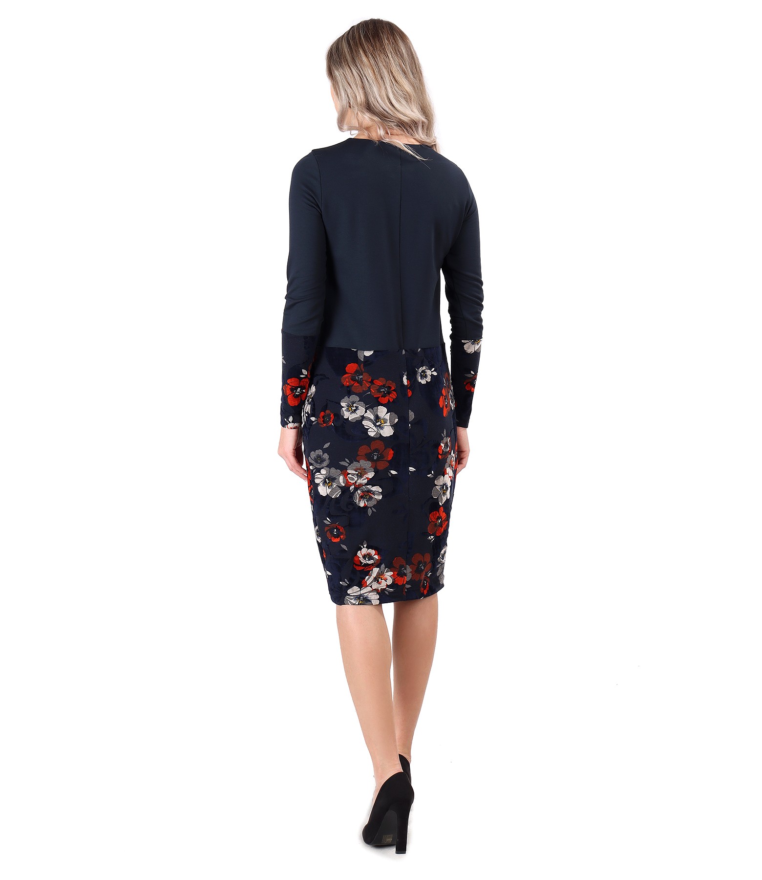 Midi dress made of soft elastic jersey and brocade velvet with floral motifs