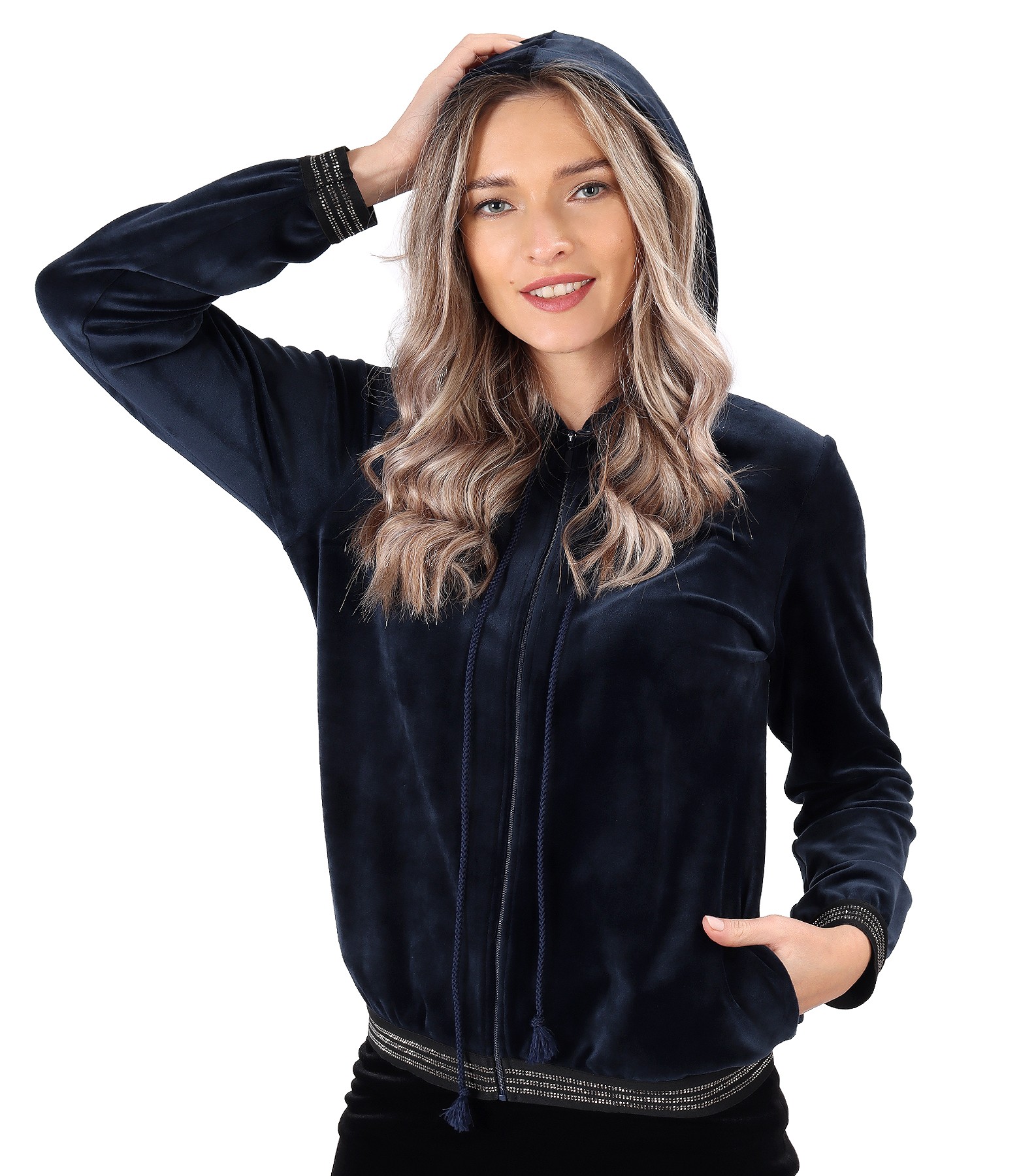 Elastic velvet sweatshirt with elastic finish with crystals navy blue ...