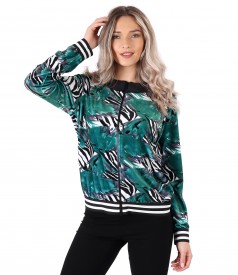 Sweatshirt without hood made of printed elastic velvet