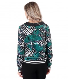 Sweatshirt without hood made of printed elastic velvet