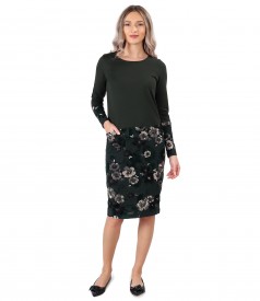 Midi dress made of soft elastic jersey and brocade velvet with floral motifs