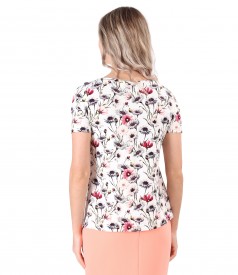 Elastic jersey blouse printed with floral motifs