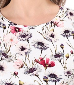 Elastic jersey blouse printed with floral motifs