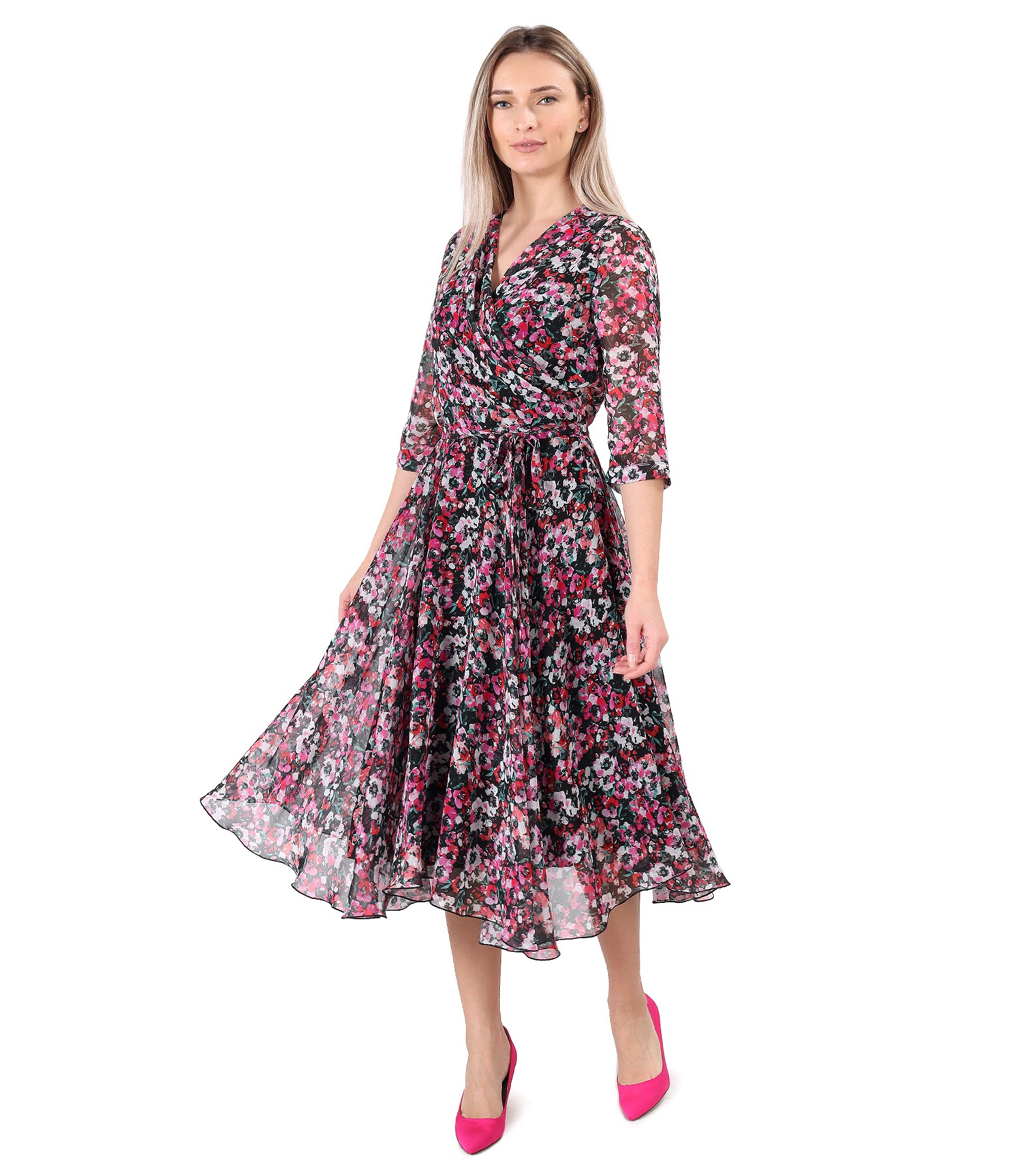 Elegant veil dress printed with floral motifs black - YOKKO