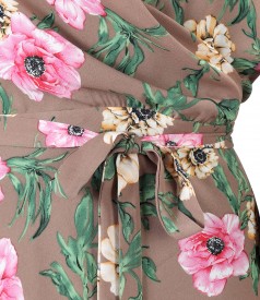 Printed dress with floral motifs and cord at the waist