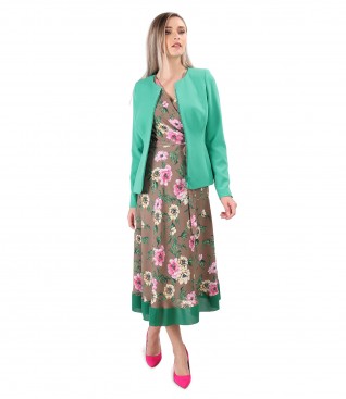 Long dress printed with floral motifs with jacket made of elastic fabric
