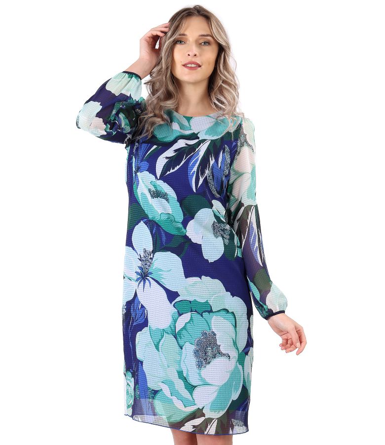 Printed veil midi dress with floral motifs