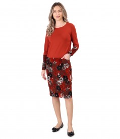 Midi dress made of elastic jersey and brocade velvet with floral motifs