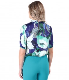 Satin blouse printed with floral motifs