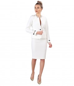 Office women suit with skirt and jacket made of white elastic fabric