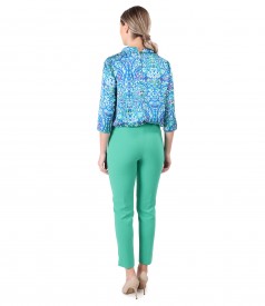 Elegant outfit with printed satin blouse and ankle pants