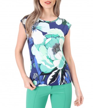 Printed jersey blouse with dropped shoulders