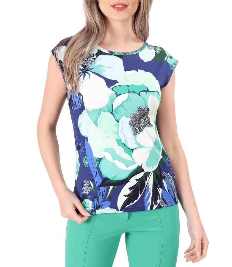 Printed jersey blouse with dropped shoulders