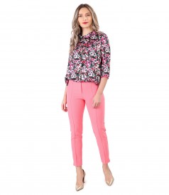 Ankle pants with printed satin blouse