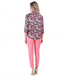 Ankle pants with printed satin blouse