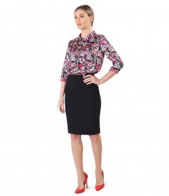 Office outfit with tapered skirt and printed satin blouse