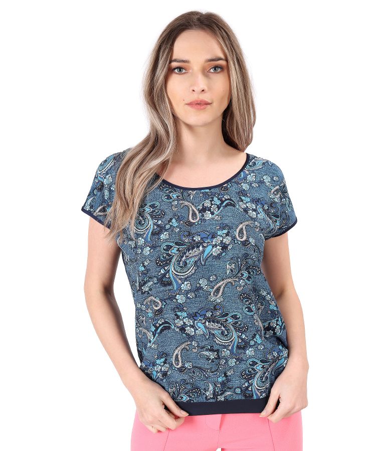 Blouse with viscose front printed with paisley motifs