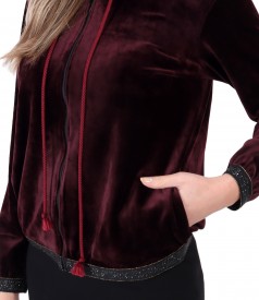 Velvet sweatshirt with elastic finish with crystals
