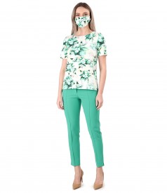 Elegant outfit with ankle pants and blouse with elastic cotton mask