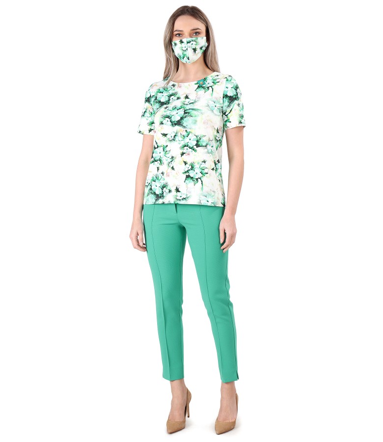 Elegant outfit with ankle pants and blouse with elastic cotton mask