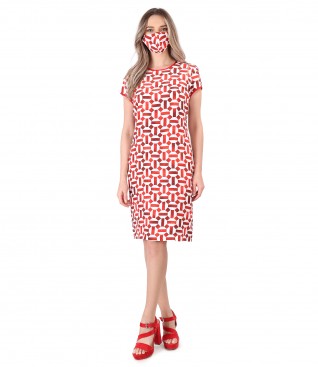 Dress and mask made of viscose with linen printed with geometric motifs