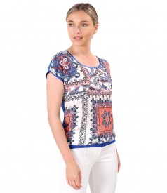 Blouse with viscose front printed with floral motifs