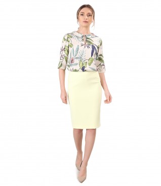 Office outfit with skirt and blouse elegant made of printed tencel