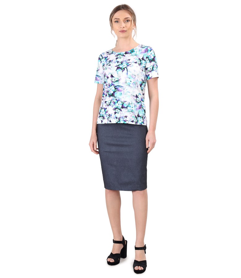 Blouse made of printed elastic cotton with denim skirt