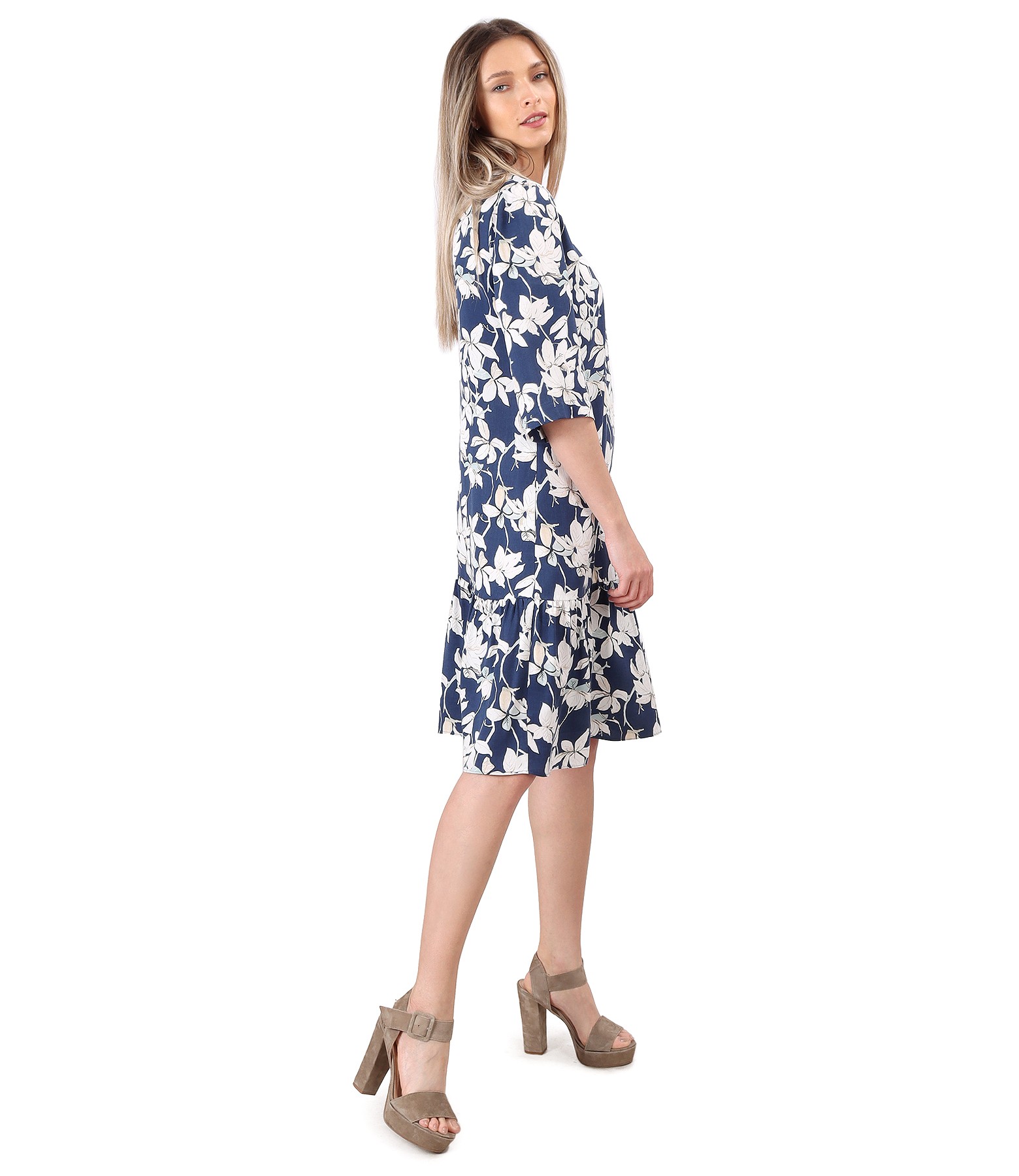 Dress with tencel ruffle printed with floral motifs navy blue - YOKKO