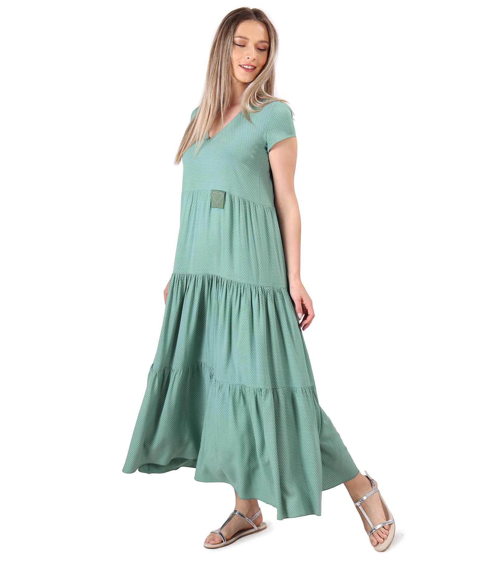 Long viscose dress with ruffles printed with dots mint green - YOKKO