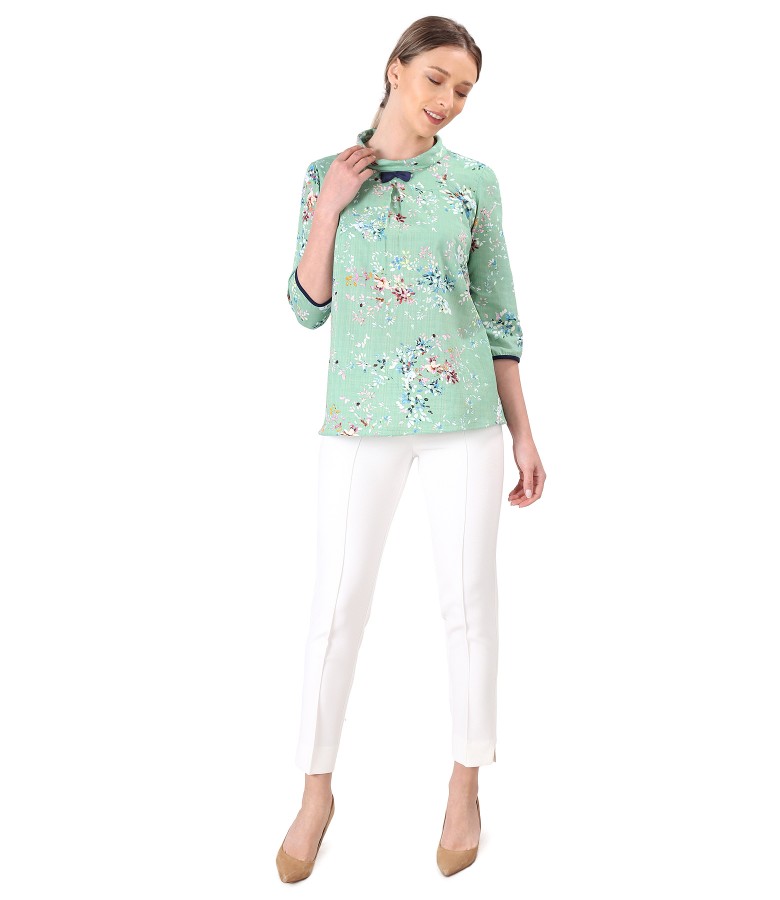 Elegant outfit with ankle pants and cotton blouse with viscose