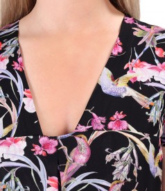 Viscose midi dress printed with hummingbirds and flowers