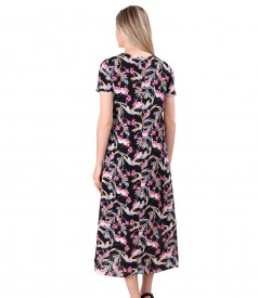 Viscose midi dress printed with hummingbirds and flowers