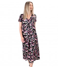 Viscose midi dress printed with hummingbirds and flowers